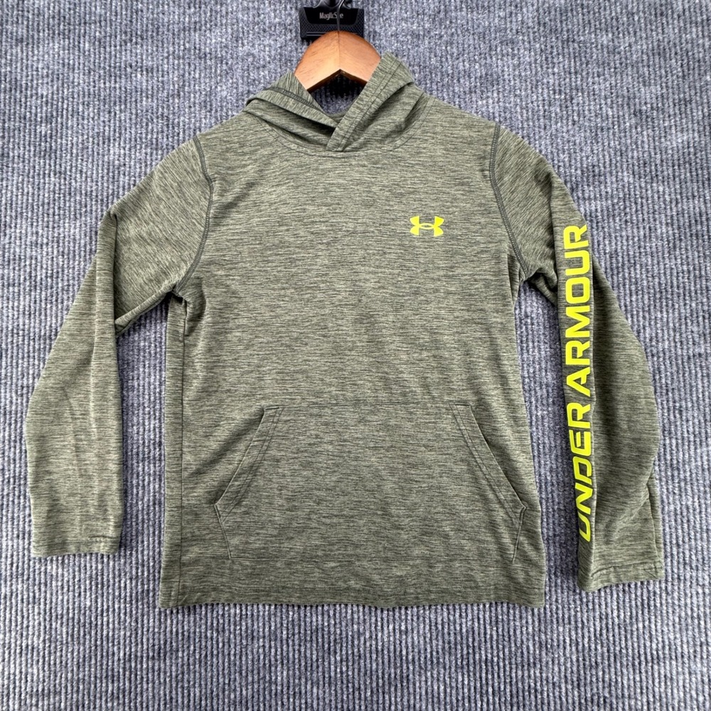 Under Armour Hoodie Boys Youth Large Green Excellent Heathered Graphic Logo